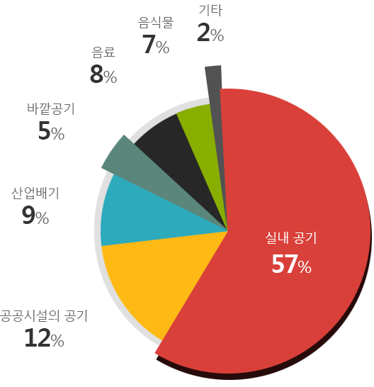 실내공기 57%,공공시설의 공기 12%, 산업배기 9%, 바깥공기 5%, 음료8%,음식물 7%,기타2%